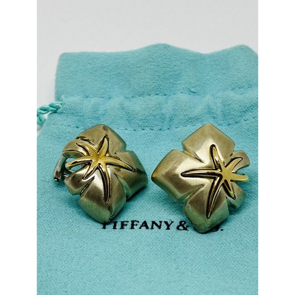 Tiffany & Co. 1991 Ivy Sterling 18k Yellow Gold Starfish Leaf Post Clip Earrings